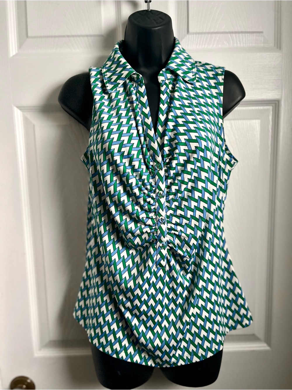 Y2K Jules & Leopold Top Geometric Ruched Sleeveless Blouse Medium Collared Green